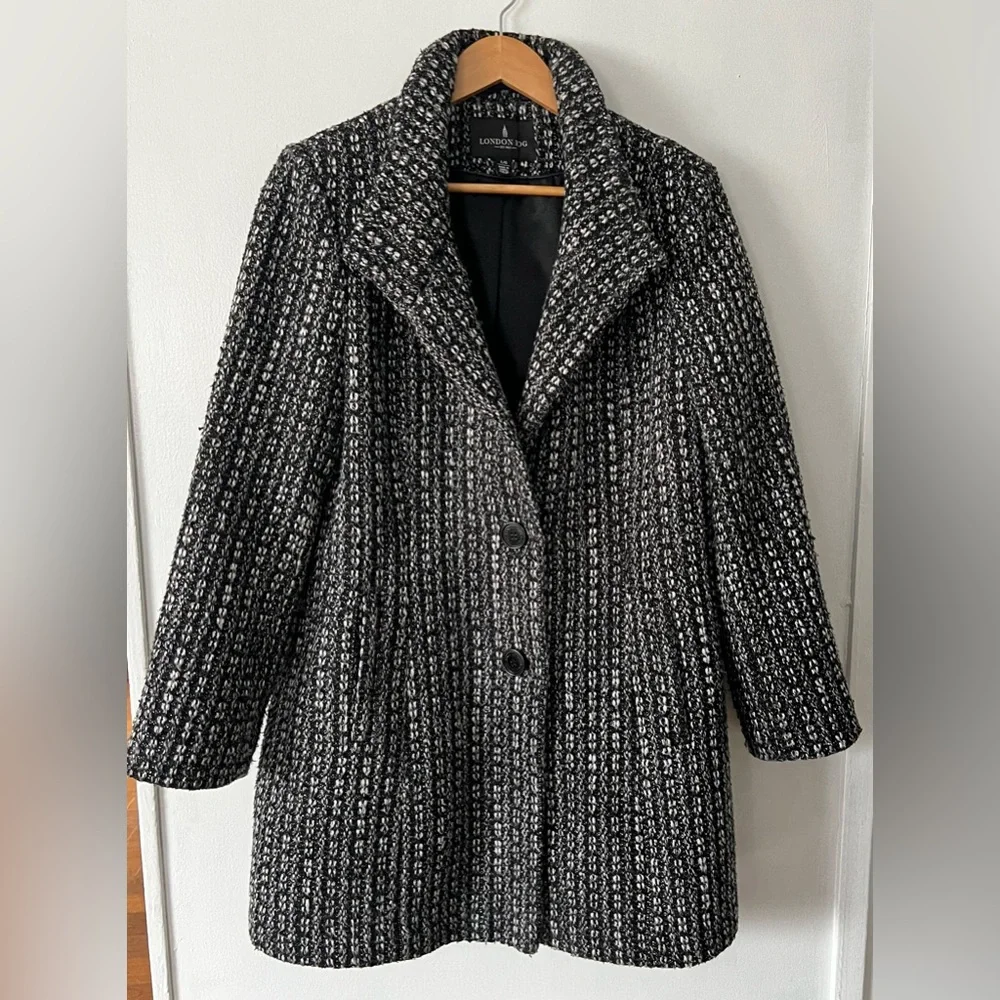 London Fog Women's Textured Black and White Pea Coat - Picture 2 of 13